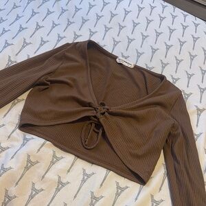 Brown Ribbed Tie-Front Top